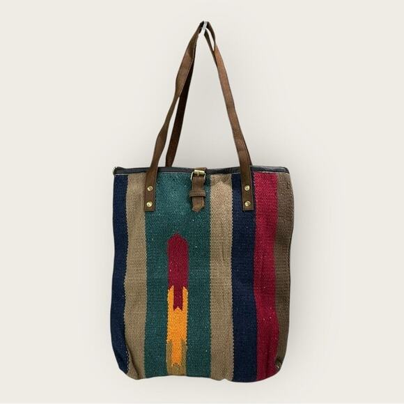 Raj | Handwoven Striped Tote Bag with Leather Straps | Multi Color - Picture 1 of 11